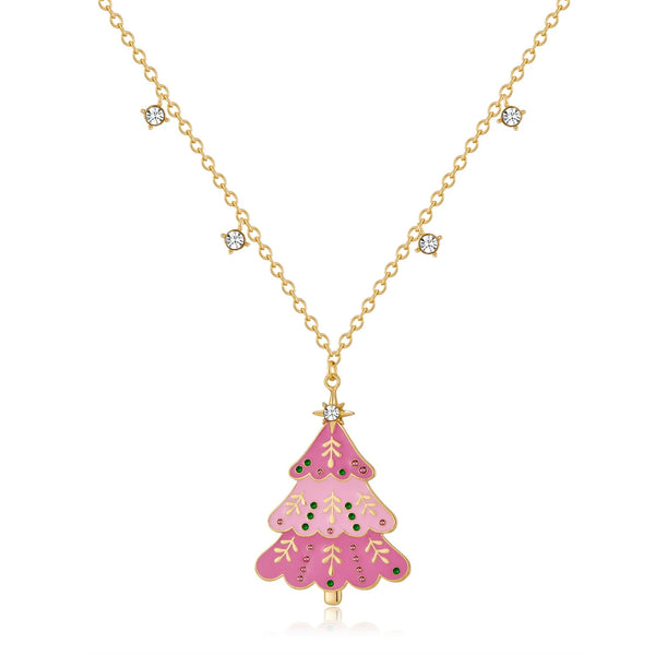 Pink Christmas Tree Necklace and Earring Set
